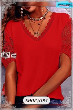 Women's T Shirt Tee Yellow Pink Red Plain Cut Out Lace Trims Short Sleeve Casual Weekend Basic V Neck Regular S Red Solid Color V-neck Top, Red Short Sleeve Solid Color Shirt, Red Solid Color V-neck Blouse, Red V-neck Solid Color Blouse, Lace Trim Shorts, Women's Outfits By Occasions, Lace Trims, Casual Weekend, Pink Red