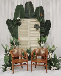 two wooden chairs sitting next to each other in front of a wall with large green leaves