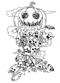 a black and white drawing of a pumpkin surrounded by skulls