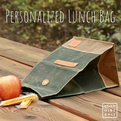 Green and brown waxed canvas lunchbag with a personalized leather patch. Made in small batches by Road Dirt and Pie. Made in USA Livingston Texas, Tiny Bags, Mens Lunch Bag, Personalized Lunch Bags