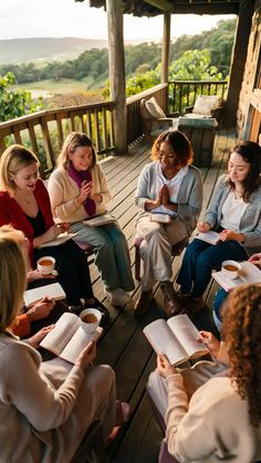 a group of women sitting on top of a wooden deck next to each other holding books