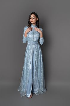 Light Blue Dress For Wedding And Eid, Light Blue Wedding Dress For Eid, Elegant Light Blue Festive Gown, Elegant Light Blue Dress For Reception, Elegant Light Blue Gown For Reception, Elegant Blue Gown For Eid, Elegant Kaftan For Reception, Luxury Wedding Abaya For Eid, Light Blue Floor-length Dress For Eid