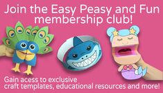 an advertisement for the easy peasy and fun member's club, with three cartoon characters