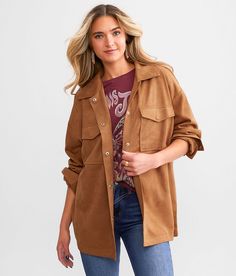 Acoa Faux Suede Shacket - Brown X-Small, Women's Brown Snap down shirt jacket Bust measures 44 on size small Body length 27 on size small. Layering piece(s) and/or accessories sold separately.. 90% Polyester 10% Spandex. Hand wash cold. Do not bleach. Hang to dry. Do not iron.. Measurements: Bust -Fullest part of bust with arms at sides. Waist -Circumference of natural waist: above belly button below rib cage. Hips -Standing with feet together fullest part of hips. WOMEN'S TOP SIZE CONVERSION CH Waist Circumference, Rib Cage, Women's Coats & Jackets, Women's Coats, Layering Pieces, Belly Button, Shirt Jacket, Faux Suede, Fabric Care