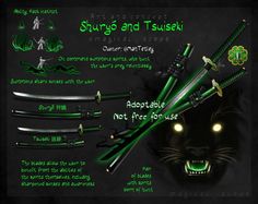 an image of some green and black items with glowing eyes on their faces, including two knives