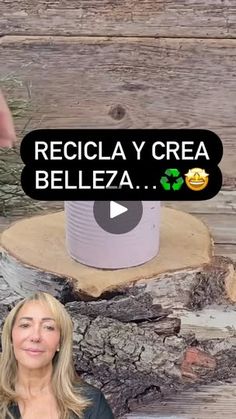 a woman standing in front of a tree stump with the words cecilia y crea below it