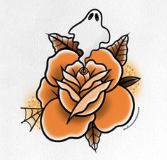 a drawing of a rose with a ghost on it's head and some leaves