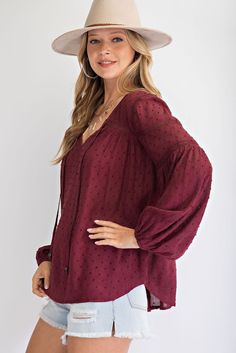 This top is gorgeous! It's the perfect top for the entire holiday season. It runs a flowy true to size, but has no stretch. Gauze Top, Deep Plum, Chic Shop, Swiss Dot, Plum, Bell Sleeve Top, Holiday Season, Tunic Tops, Long Sleeve Blouse