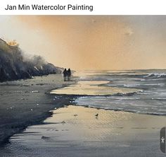 two people are walking on the beach near watercolors in this image, there is an orange and yellow sky above them