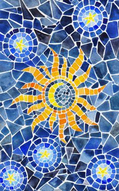 the sun is depicted in this colorful stained glass mosaic