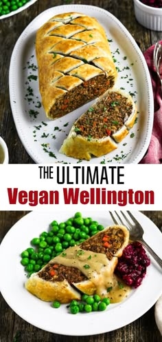 the ultimate vegan wellington with peas, carrots and meat