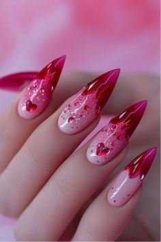 Hot Pink And Red Nails, Goth Nails, Stiletto Nails Designs, Her Nails, Glow Nails, Blush Nails, Bright Nails, Manicure Ideas, Nail Designs Glitter