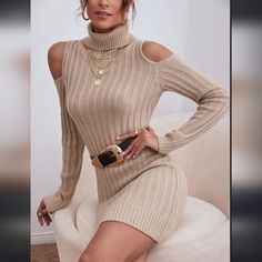 Turtle Mock Neck New With Tags Mini Midi Cream Beige Size Small Warm And Soft Cut Out At Shoulders Cider Dresses, Cold Shoulder Sweater Dress, Soft Cut, Cold Shoulder Long Sleeve, Cold Shoulder Sweater, Long Sleeve Sweater Dress, Sweater Dresses, Sweater Dress Women, Women Sweater