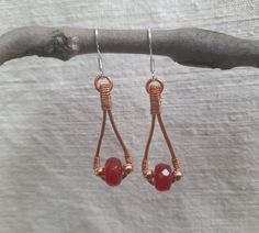 Custom jewelry red gemstone earrings.  Great gift for her. I made these beautiful wire wrapped earrings with copper wire I hammered by hands and combineed it with natural red jade gemstones. They look very sophisticated and feminine on the ears with beautiful combination of colors and shine. Earrings are 13 mm wide at the widest part and complete length of the each earring is 56 mm. Free US and EU shipping on orders $35 and more :) Earrings look very inspirational and sophisticated and at the same time contemporary. These earrings are modern and unique piece with victorian echo. It is made with lot of care and love. Earrings are great to make a statement and perfect as a girlfriend gift. Buy this special piece of energy healing jewelry to feel great wearing unique piece of gemstone wirewor Protection Jewelry, Red Jade, Natural Stone Earrings, Unique Gifts For Women, Red Gemstones, Earrings Dainty, Wire Wrapped Earrings, Healing Jewelry, Earrings Unique