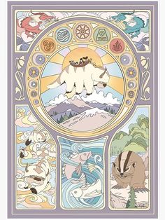 an art nouveau poster with animals and mountains