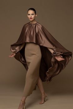 Draped cape with midi dress - HerTrove Satin Brown Dress, Isabel Sanchis, Exclusive Gowns, Cape Pattern, Crochet Shrug Pattern, Cape Wedding Dress, Bridal Cape, Brown Fits, Cape Sleeves