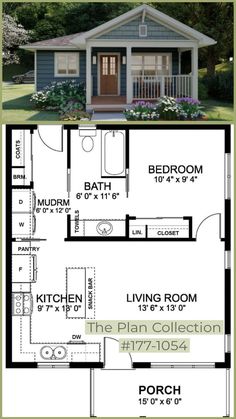 the floor plan for a small house with two bedroom and one bathroom, including an attached porch