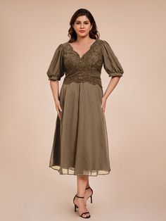 Mocha Elegant V-neck Chiffon Wedding Dress, Elegant Chiffon V-neck Dress For Wedding Guest, Elegant V-neck Chiffon Dress For Wedding Guest, Chiffon V-neck Mother Of The Bride Dress For Wedding, V-neck Evening Dress With Lace Sleeves For Wedding, V-neck Wedding Evening Dress With Lace Sleeves, V-neck Mother Of The Bride Dress, Chiffon V-neck Mother Of The Bride Dress, V-neck Mother Of The Bride Dress With Fitted Bodice