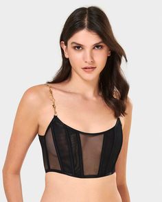 Emery Soft Bustier Black/Gold – Bluebella - US Thigh Harness, Thigh Chain, Chiffon Kimono, Satin Kimono, Soft Cup Bra, Neck Chain, Unique Features, Black Xs, Bustiers