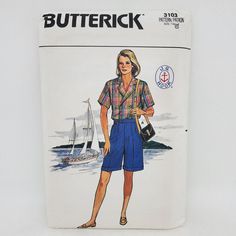 a women's shirt and shorts sewing pattern from butterick, featuring a woman with a sailboat in the background