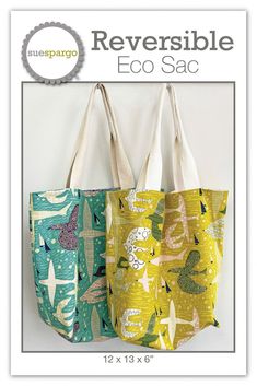 the reversible eco sac bag pattern is shown in three different colors and sizes