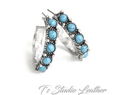 "Western Style Cowgirl Turquoise and Antique Silver Hoop Earrings Earrings measure 1 1/8\". Matching bracelets sold separately." Turquoise Metal Hoop Jewelry, Turquoise Hoop Metal Jewelry, Nickel-free Turquoise Metal Hoop Earrings, Nickel-free Turquoise Hoop Jewelry, Turquoise Metal Round Hoop Earrings, Turquoise Hoop Jewelry With Matching Earrings, Turquoise Small Hoop Jewelry With Matching Earrings, Cowgirl Turquoise, Chic Cowgirl