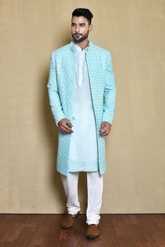 Sky blue jacket style sherwani with mirror embroidery. Comes with sky blue kurta and white churidar. - Aza Fashions Blue Jacket Style, White Churidar, Blue Sherwani, Mirror Embroidery, Blue Kurta, Blue Mirror, Mirror Set, Churidar, Embroidered Silk