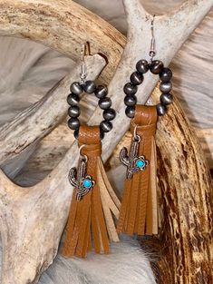 Leather Fringe Cactus - CountryFide Custom Accessories and Outdoors Southwestern Tassel Earrings, Southwestern Brown Fringe Jewelry, Acrylic Nails Almond Shape, Cactus Earrings, Almond Acrylic Nails, Horse Bits, Recycled Jewelry, Sterling Silver Hoop Earrings, Leather Fringe