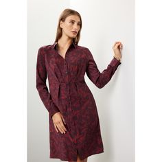 Red floral crepe de chine (100% Polyester). Shirt dress. Long sleeves. Collar. Front button closure. Imported. Elegant Red Printed Midi Dress, Red Floral Print Button-up Dress, Formal Viscose Shirt Dress For Fall, Printed Shirt Dress For Workwear, Elegant Printed Button-up Dress, Fitted Viscose Shirt Dress For Fall, Elegant Collared Floral Print Shirt Dress, Formal Collared Floral Print Dress, Formal Collared Dress With Floral Print