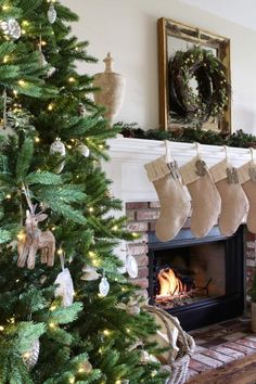 a christmas tree with stockings hanging from it