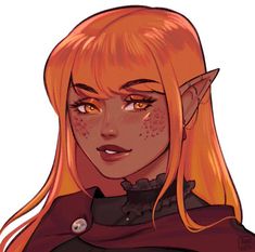 an orange haired woman with long hair and piercings on her ears is looking at the camera