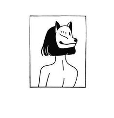 a black and white drawing of a woman's face with a dog on her head