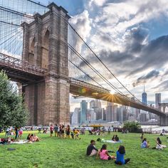 people are sitting on the grass in front of the brooklyn bridge