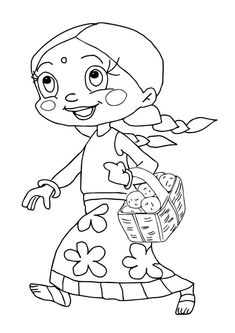 a cartoon girl carrying a basket full of food