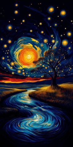 a painting of a river with stars in the sky above it and a tree on the other side