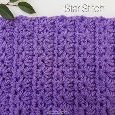 the crochet star stitch pattern is shown on top of a purple blanket with leaves