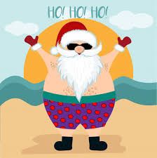 a cartoon santa clause standing on the beach with his hands in the air