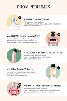 Image collage featuring perfume bottles of Ariana Grande Cloud, Valentino Donna Born in Roma, Carolina Herrera Good Girl Blush, YSL Libre Eau de Toilette, and Viktor & Rolf Flowerbomb Nectar on a light orange background. Carolina Herrera Blush Perfume, Flowerbomb Perfume Aesthetic, Flowerbomb Viktor And Rolf, Signature Scent Ideas, Valentino Born In Roma Perfume, Carolina Herrera Blush, Ysl Libre Perfume, Flowerbomb Nectar, Good Girl Blush