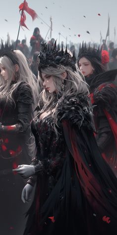 three women dressed in black and red are standing next to each other with long white hair