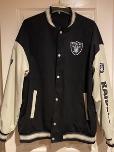 Men New Las Vegas Raiders 2XL Faux  Material jacket Great Looking Jacket button-down bomber jacket, Raiders colors Casual Outerwear With Team Logo For Sports Events, Varsity Jacket With Team Name For Game Day, Game Day Varsity Jacket With Team Name, Game Day Long Sleeve Varsity Jacket With Team Name, Team-colored Outerwear For Game Day With Team Spirit, Team-colored Outerwear For Game Day, Team Outerwear For Game Day, Black Long Sleeve Outerwear For Game Day, Varsity Outerwear With Team Name For Game Day