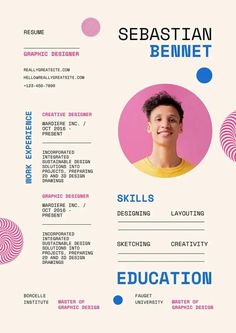 a professional resume is shown in pink and blue, with an image of a young man