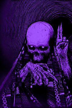 a skeleton holding a knife in his right hand and wearing a purple robe with patterns on it