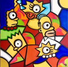 the simpsons family is depicted in this colorful painting