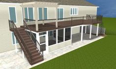 a 3d rendering of a two story house with stairs leading to the upper level and second floor