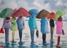 four people standing in the rain with umbrellas over their heads and one person holding an umbrella