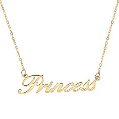 10KT Yellow Gold 18-inch Script Princess Necklace Classic Name Pendant Necklace, Classic Pendant Necklace With Name, Elegant Name Pendant Chain Necklace, Elegant Pendant Chain Necklace With Name, Personalized White Gold Elegant Chain Necklace, Personalized Elegant White Gold Chain Necklace, Elegant Nameplate Charm Necklace With Adjustable Chain, Elegant Nameplate Necklace For Mother's Day, Sterling Silver Nameplate Clavicle Necklace