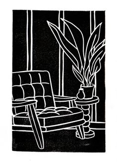 5" x 7" Lino/block print. Unframed. Made to order. Custom colors available upon request for an additional $3. Chair and Side Table 01: Lounge chair, side table, plant, interior ~Due to the nature of print making, prints are due to vary slightly.~ Chair And Side Table, Plant Interior, Side Table Plant, Lino Block, Chair Side Table, Paper Sculpture, Craft Business