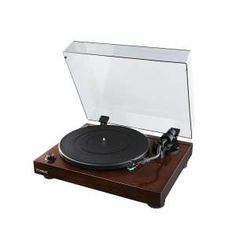 an old record player sitting on top of a wooden stand with a clear cover over it