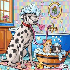 a dalmatian dog sitting in a bathtub with two cats