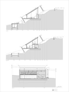 three drawings showing different sections of a building